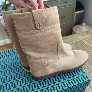 Tory Burch Quilted Alana Boots in Tan.